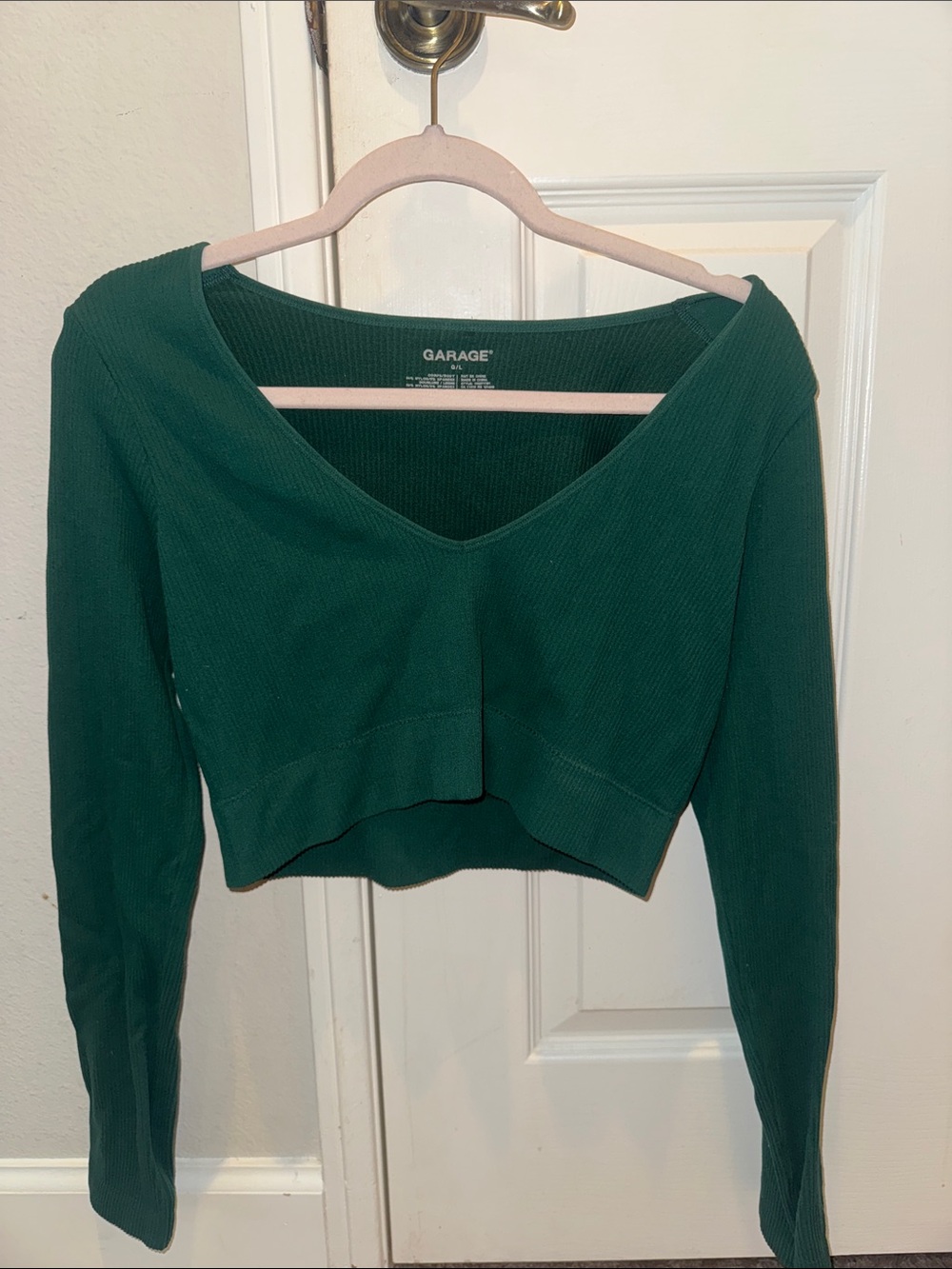 Garage Women's Dark Green Ribbed V-Neck Cropped Long-Sleeve Top